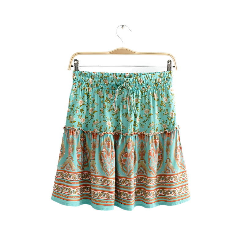 Outfit Conjunto Boho Chic de Top Verde sin Mangas con Estampado Floral y Falda Mini con Cintura Alta Elástica
