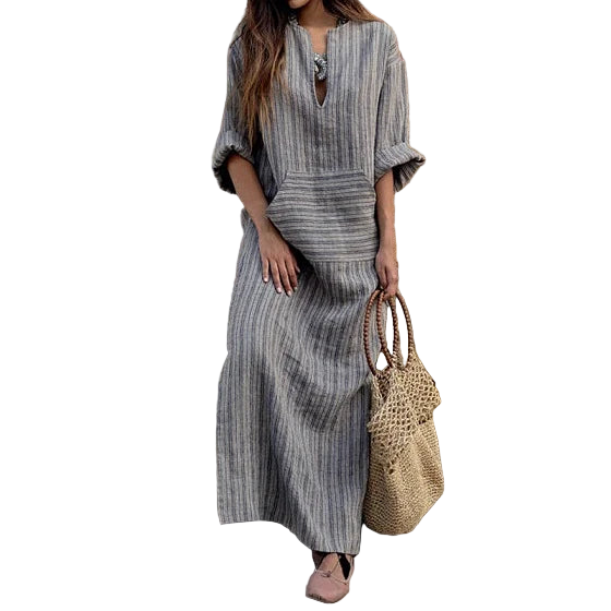 Vestido bohemio largo de algodón y lino talla grande 5XL de tipo caftán con manga larga y rayas