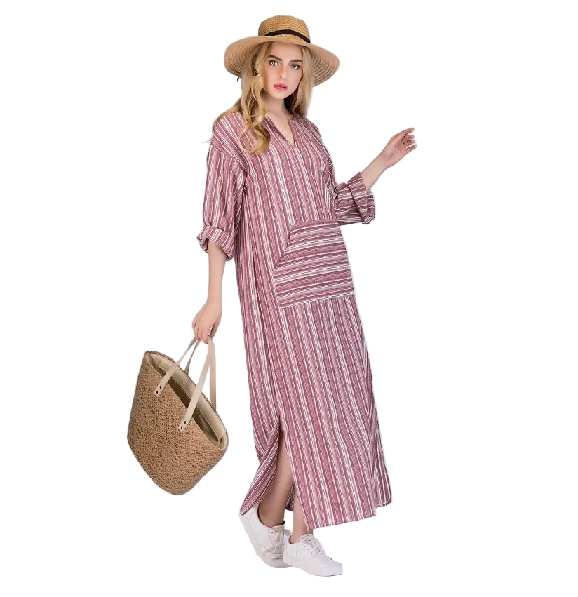 Vestido bohemio largo de algodón y lino talla grande 5XL de tipo caftán con manga larga y rayas