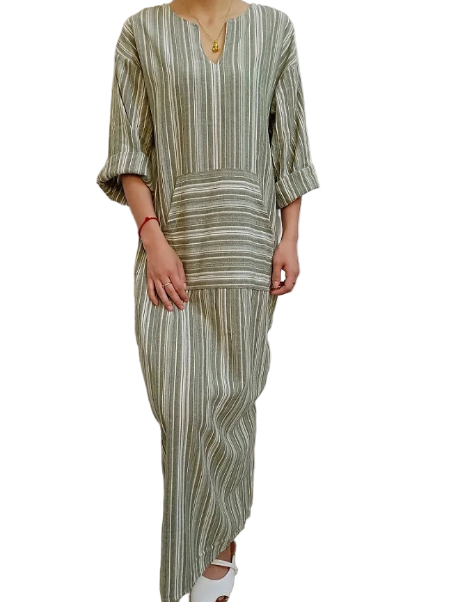 Vestido bohemio largo de algodón y lino talla grande 5XL de tipo caftán con manga larga y rayas