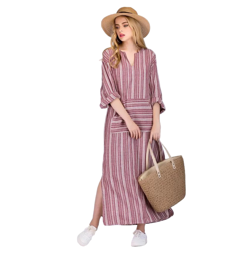 Vestido bohemio largo de algodón y lino talla grande 5XL de tipo caftán con manga larga y rayas