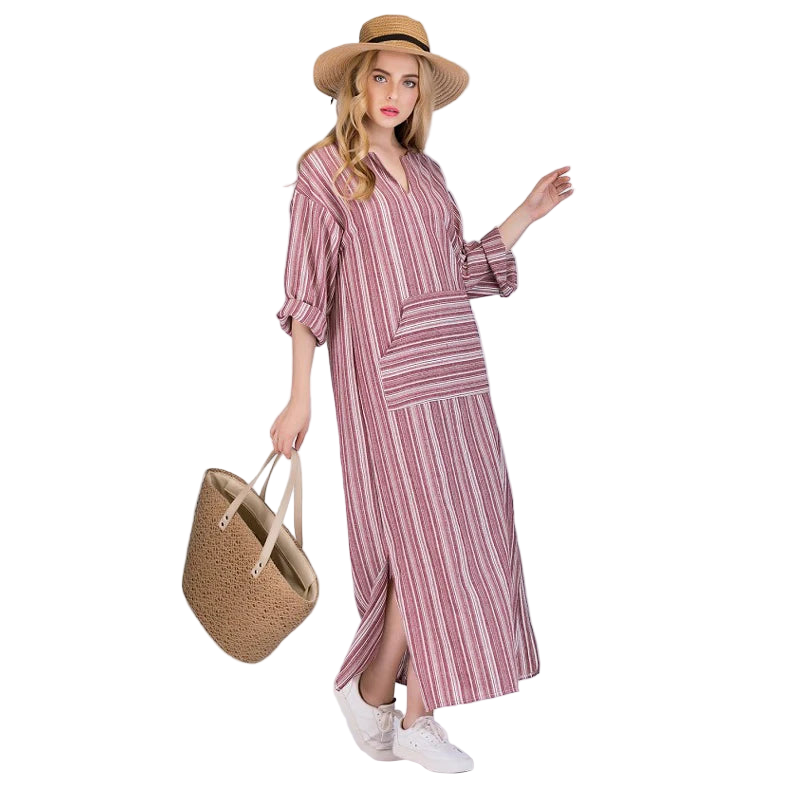 Vestido bohemio largo de algodón y lino talla grande 5XL de tipo caftán con manga larga y rayas