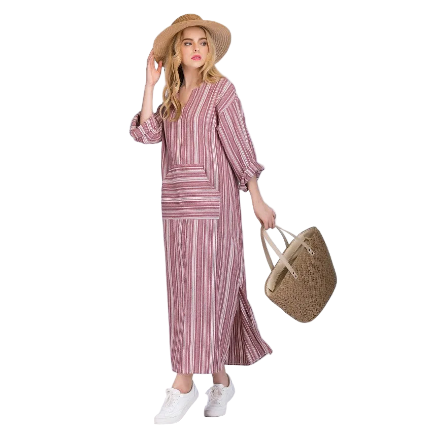 Vestido bohemio largo de algodón y lino talla grande 5XL de tipo caftán con manga larga y rayas