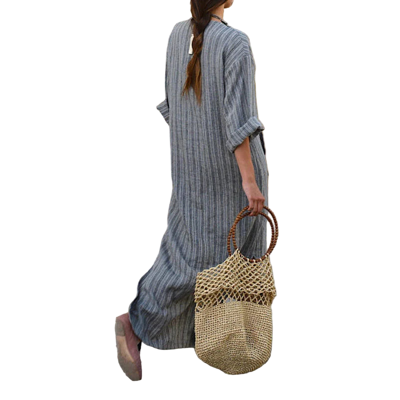 Vestido bohemio largo de algodón y lino talla grande 5XL de tipo caftán con manga larga y rayas