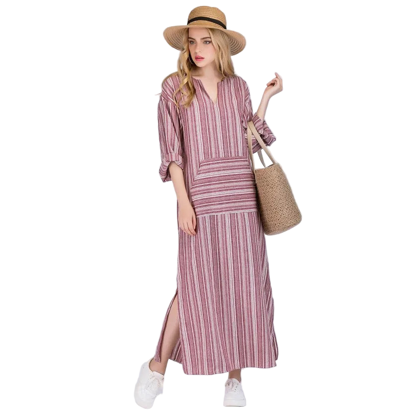 Vestido bohemio largo de algodón y lino talla grande 5XL de tipo caftán con manga larga y rayas