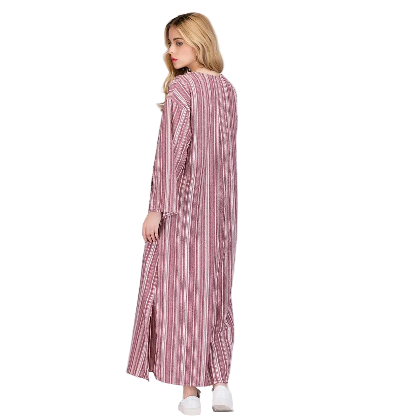 Vestido bohemio largo de algodón y lino talla grande 5XL de tipo caftán con manga larga y rayas