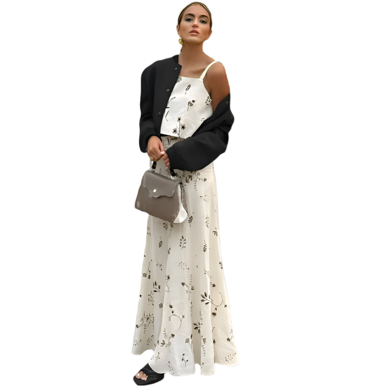 Outfit de verano con falda y top corto estampado sin mangas y falda línea A con cordón