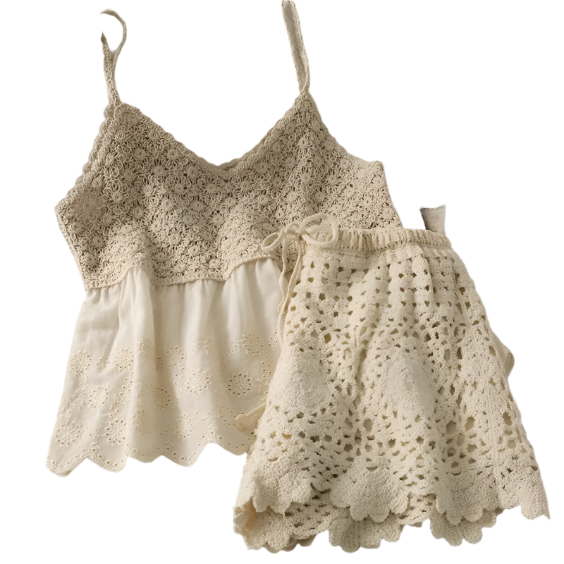 Conjunto de 2 piezas para mujer, top tejido tipo sujetador con tirantes y short de pierna ancha de estilo boho chic calado