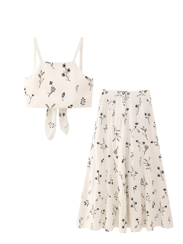 Outfit de verano con falda y top corto estampado sin mangas y falda línea A con cordón