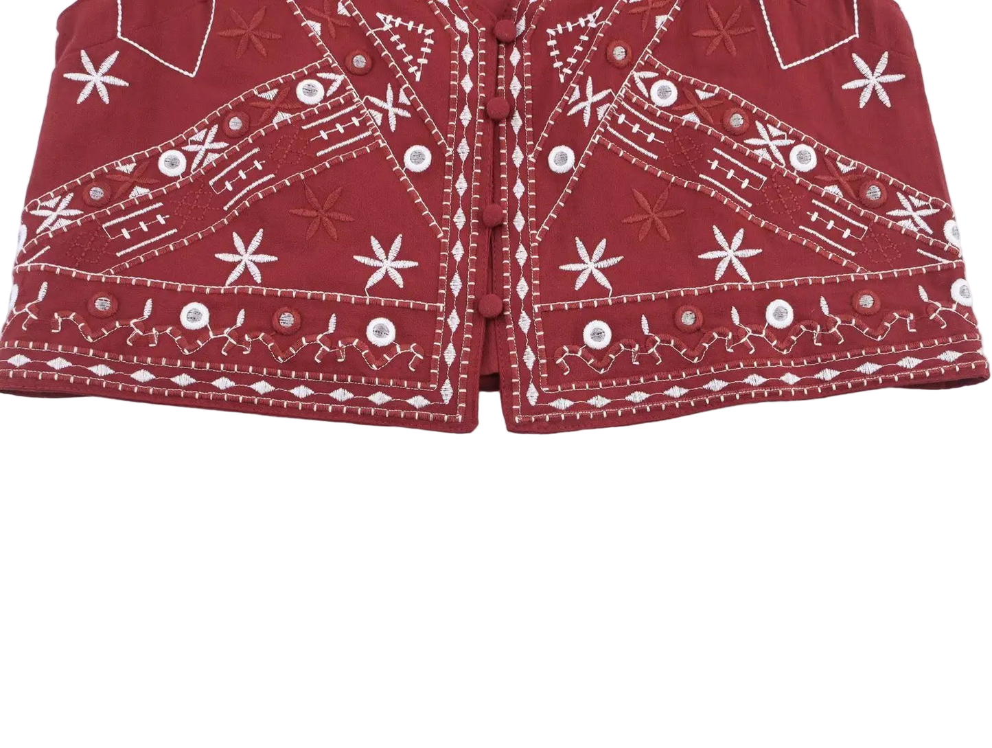 Outfit Conjunto Boho Chic de Chaleco Sin Mangas Rojo Bordado y Shorts Pierna Ancha