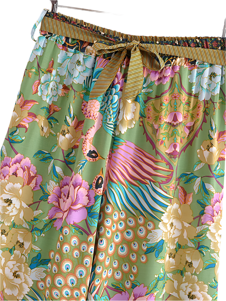 Outfit Conjunto boho chic de 2 piezas con kimono corto estampado floral y pantalón de pierna ancha