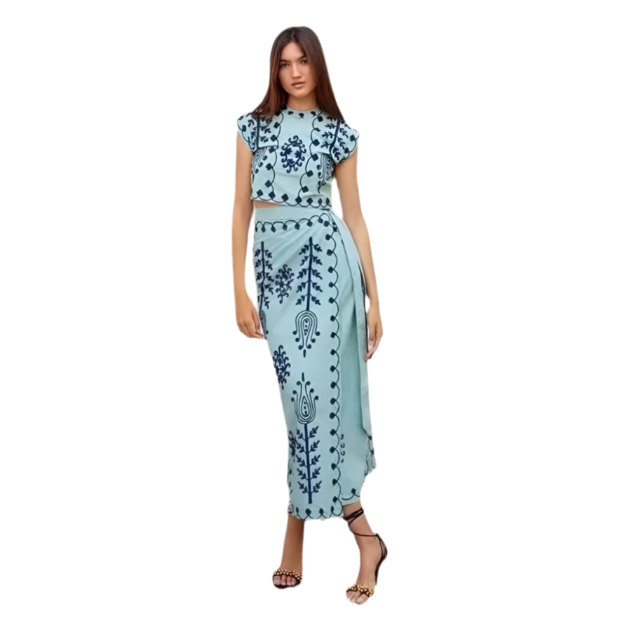Outfit Conjunto bohemio vintage de 2 piezas con top corto bordado con hombreras y falda con cordones y estampado floral