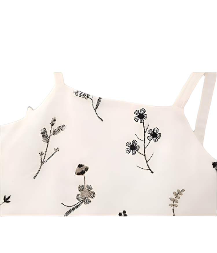 Outfit de verano con falda y top corto estampado sin mangas y falda línea A con cordón