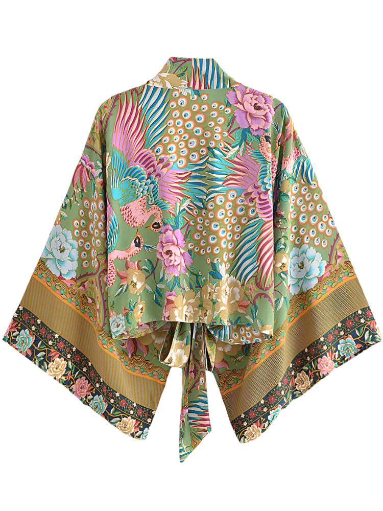Outfit Conjunto boho chic de 2 piezas con kimono corto estampado floral y pantalón de pierna ancha