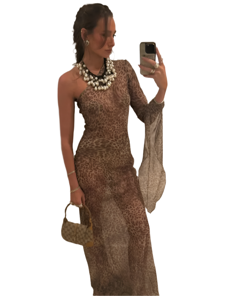 Vestido Largo de Un Solo Hombro con Estampado de Leopardo y Espalda Descubierta