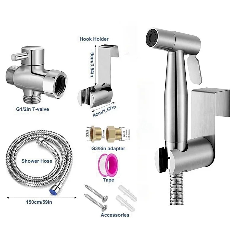 Handheld bidet sprayer made of stainless steel with a 3-way valve (G1/2" – 3/8") for toilet cleaning and personal hygiene.