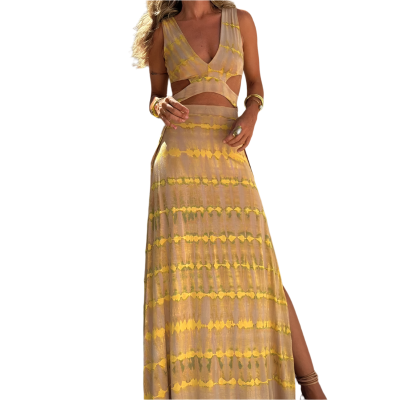 Vestido de verano con escote en V y estampado de corte entallado y abertura lateral de estilo casual