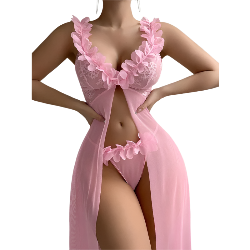 Long Sheer Lace Nightgown Lingerie Dress with Deep V Neckline