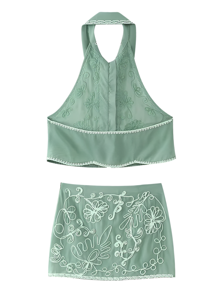 Conjunto Boho Chic de Top Halter Bordado sin Espalda y Falda