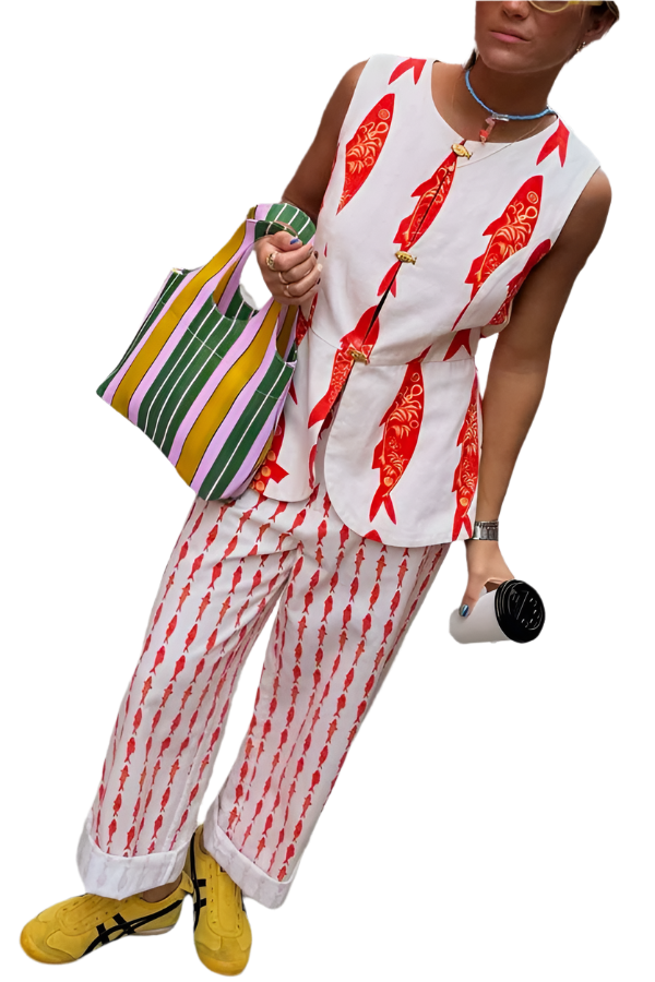 Outfit Conjunto de 2 piezas de camiseta sin mangas con estampado de pez rojo y cuello redondo con pantalón largo recto de pierna ancha