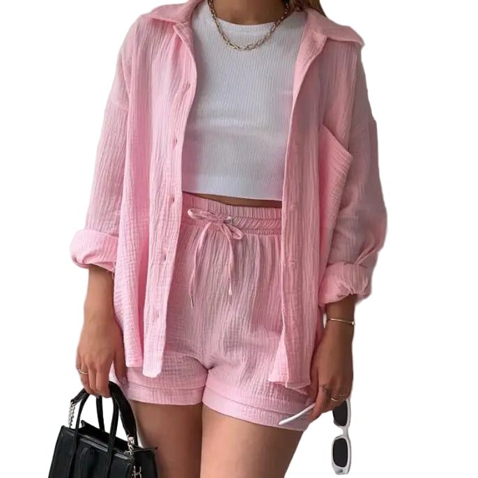 Outfit Conjunto de Camisa manga larga con solapa y short de tiro alto con cordón