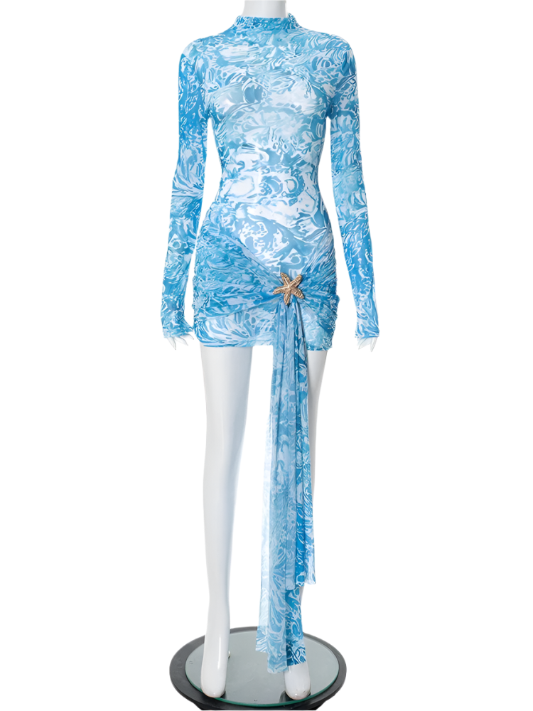 Vestido de Malla Transparente para Mujer Estilo con Manga Larga