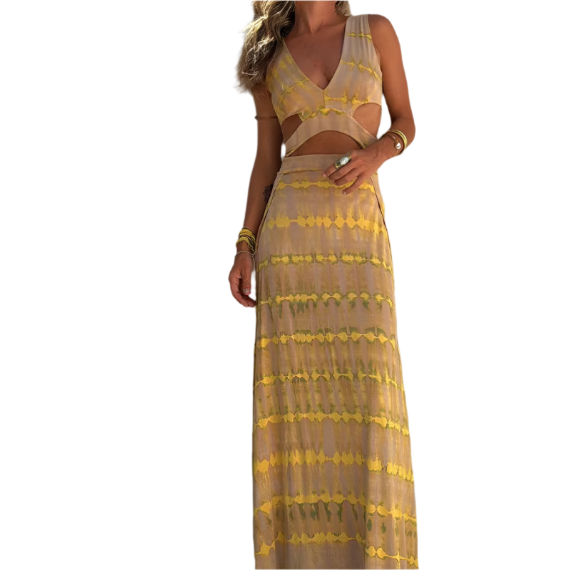 Vestido de verano con escote en V y estampado de corte entallado y abertura lateral de estilo casual