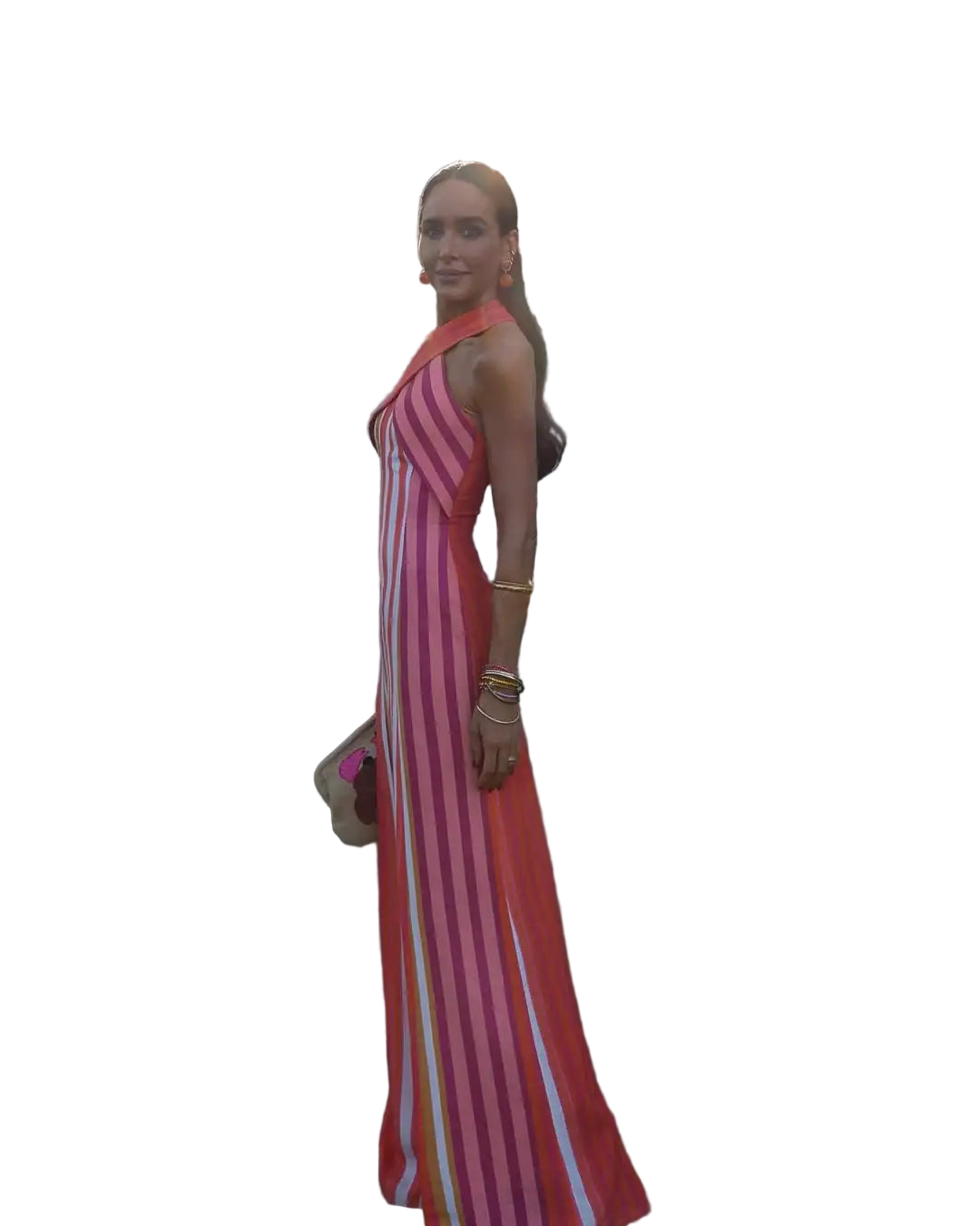 Vestido largo con estampado a rayas de escote halter sin hombros cruzado y ajustado de espalda descubierta
