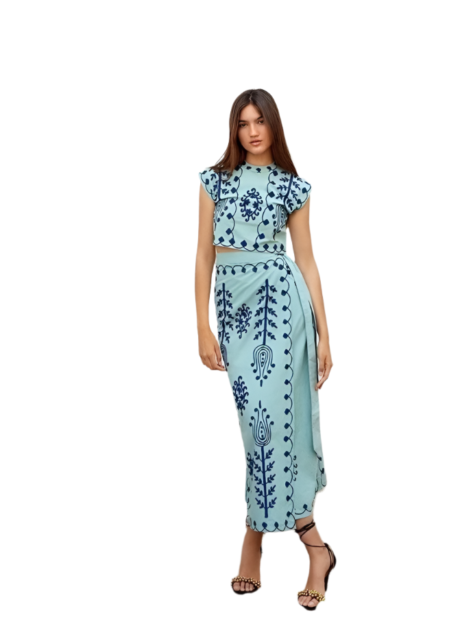 Outfit Conjunto bohemio vintage de 2 piezas con top corto bordado con hombreras y falda con cordones y estampado floral