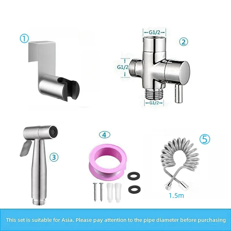 Handheld bidet sprayer made of stainless steel with a 3-way valve (G1/2" – 3/8") for toilet cleaning and personal hygiene.