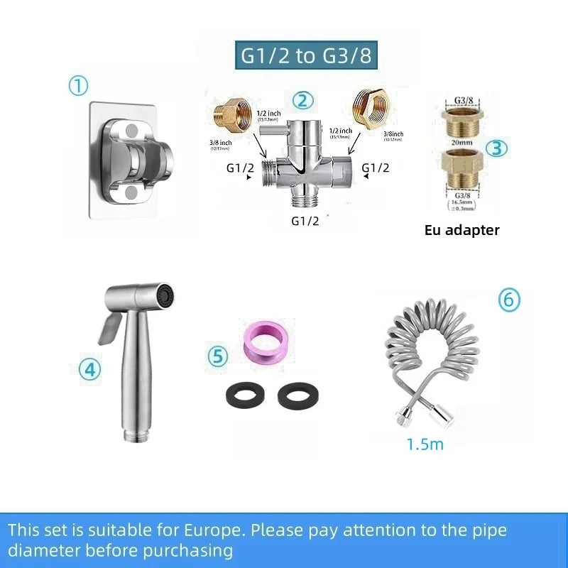 Handheld bidet sprayer made of stainless steel with a 3-way valve (G1/2" – 3/8") for toilet cleaning and personal hygiene.