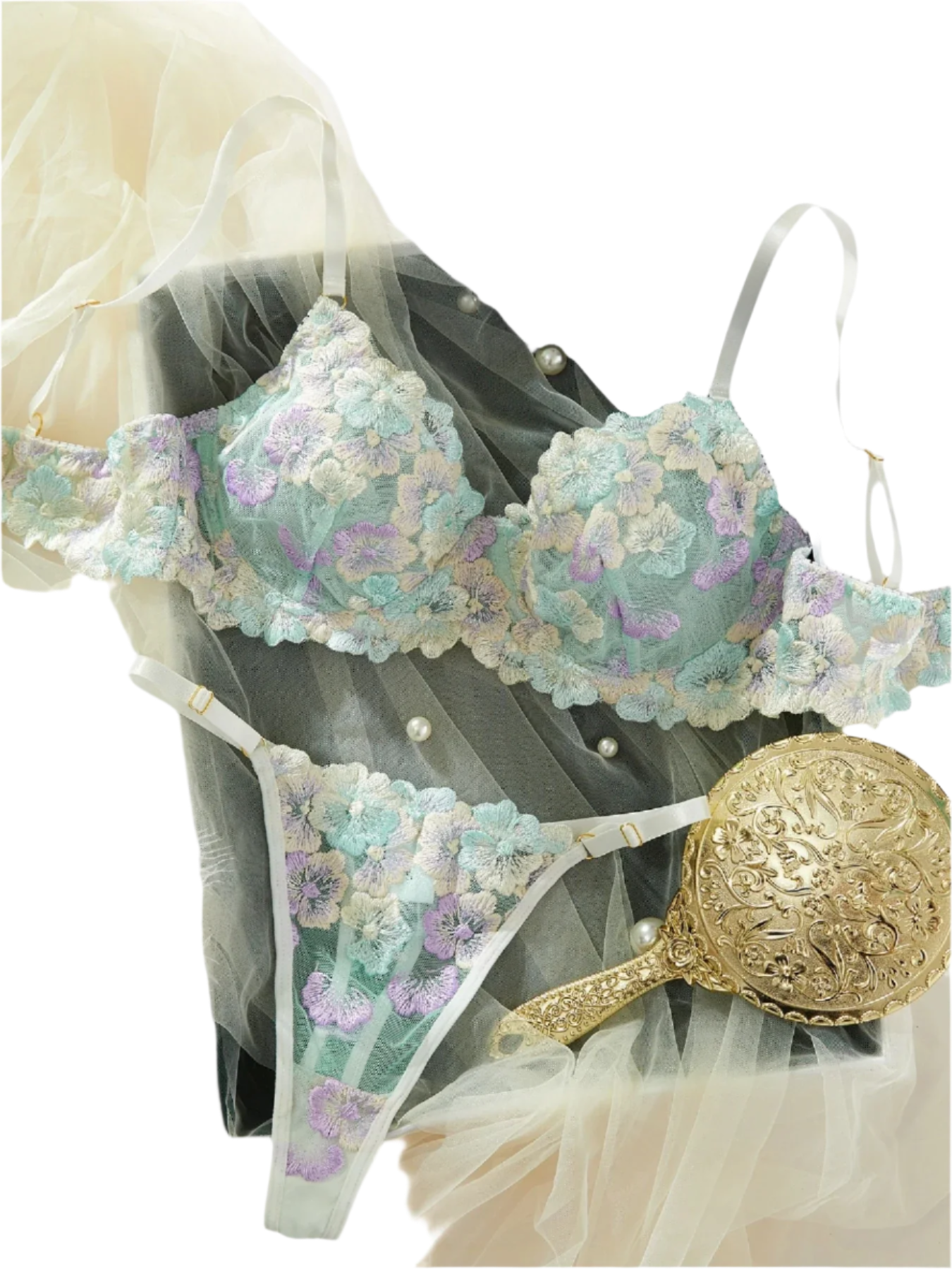 Conjunto de Lencería Elegante y Delicado con Bordado de Encaje
