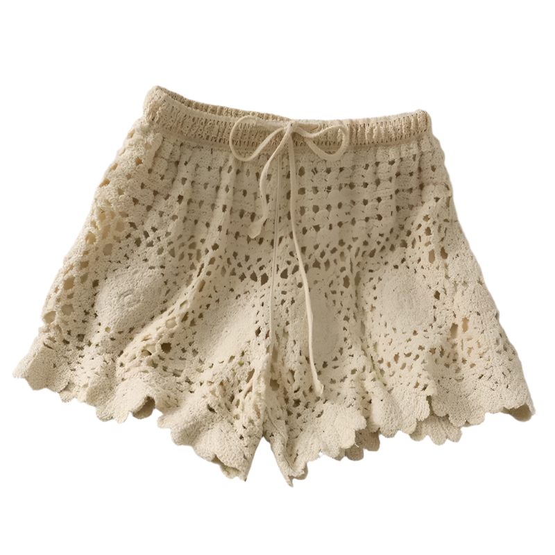 Conjunto de 2 piezas para mujer, top tejido tipo sujetador con tirantes y short de pierna ancha de estilo boho chic calado