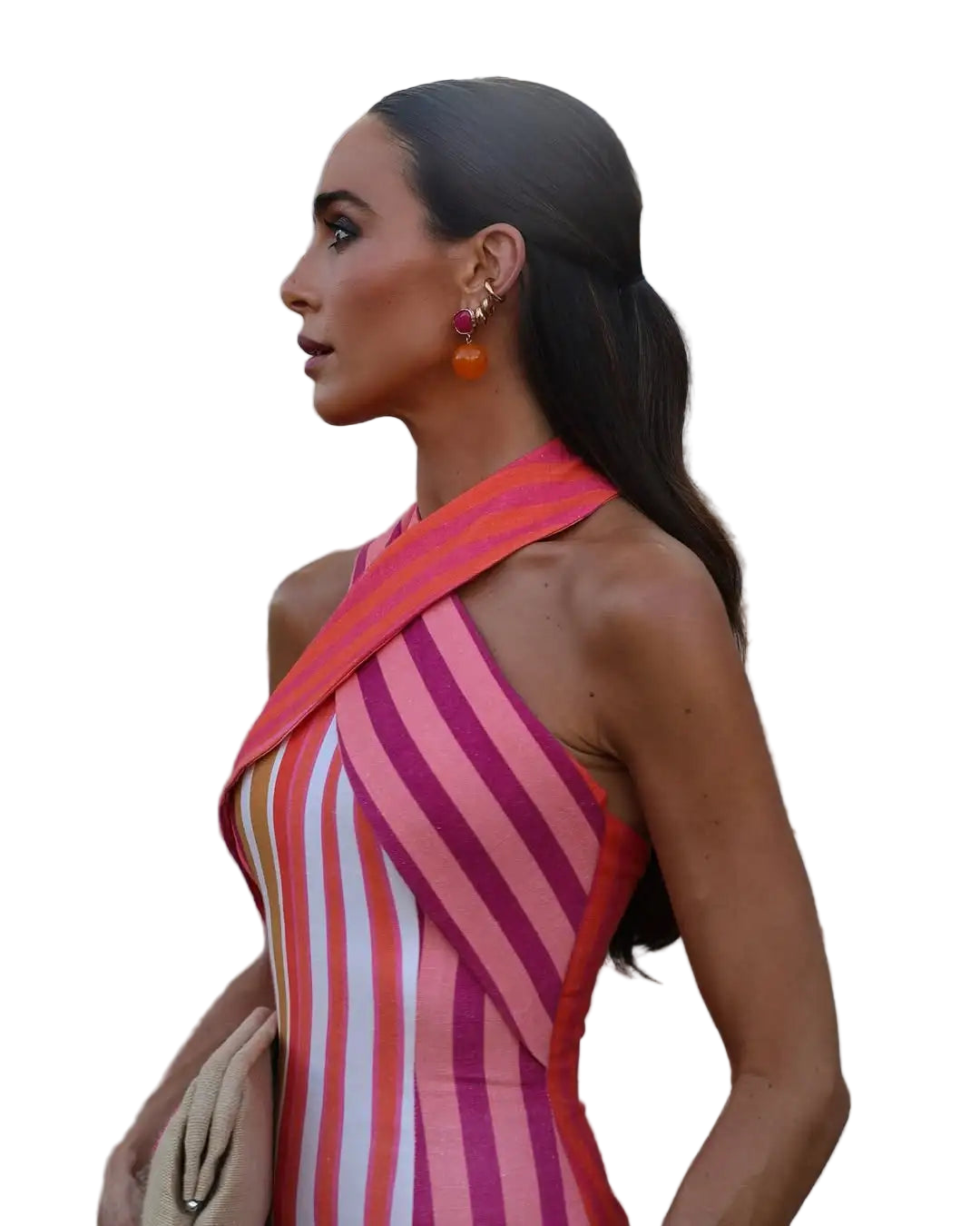 Vestido largo con estampado a rayas de escote halter sin hombros cruzado y ajustado de espalda descubierta