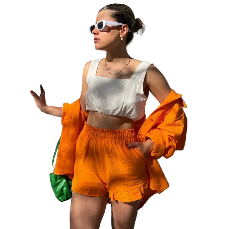 Outfit Conjunto de Camisa manga larga con solapa y short de tiro alto con cordón