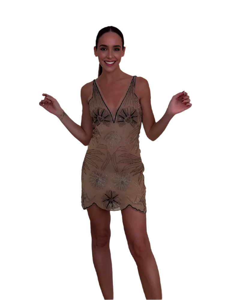 Chic Vestido Mini para Mujer con Bordado y Cuentas y Estampado Floral de Escote en V y Transparente