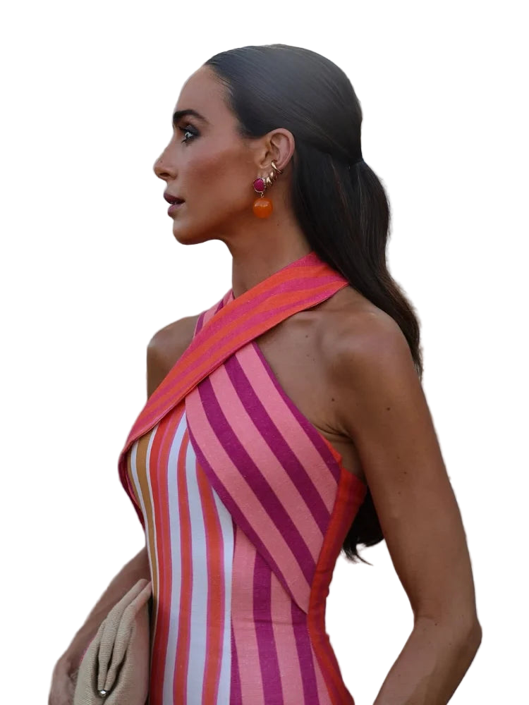 Vestido largo con estampado a rayas de escote halter sin hombros cruzado y ajustado de espalda descubierta