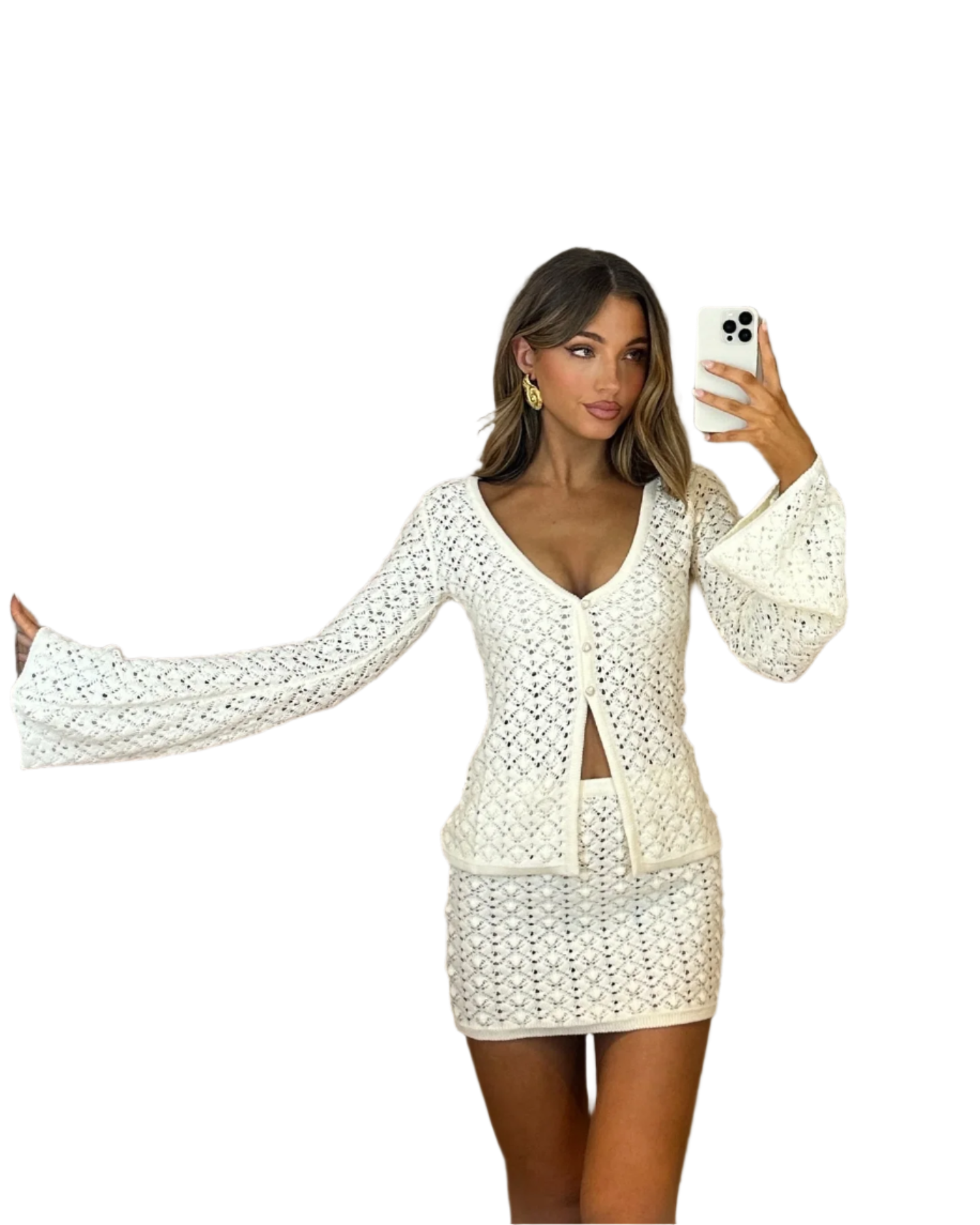 Conjunto tejido de 2 piezas para mujer de Estilo Boho Chic y Cárdigan de falda corta