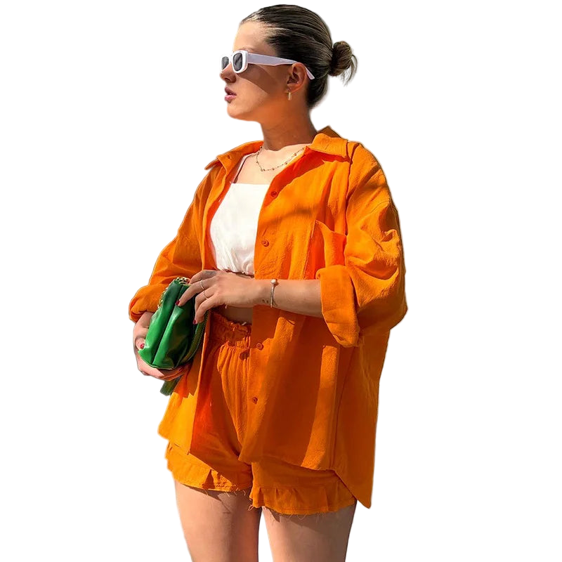 Outfit Conjunto de Camisa manga larga con solapa y short de tiro alto con cordón