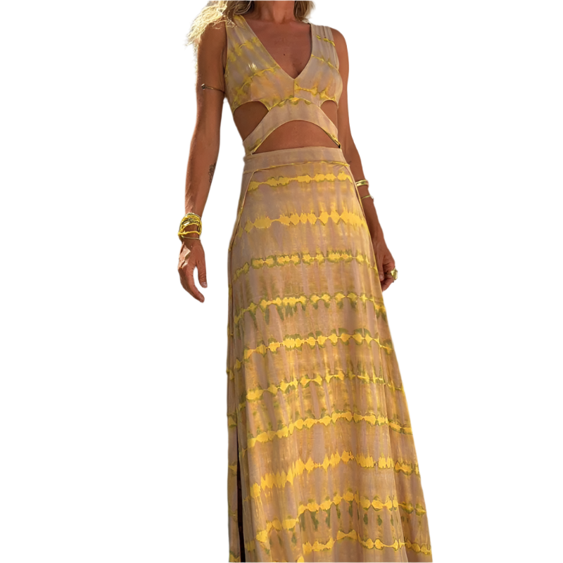 Vestido de verano con escote en V y estampado de corte entallado y abertura lateral de estilo casual