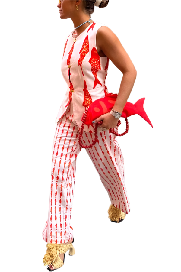 Outfit Conjunto de 2 piezas de camiseta sin mangas con estampado de pez rojo y cuello redondo con pantalón largo recto de pierna ancha