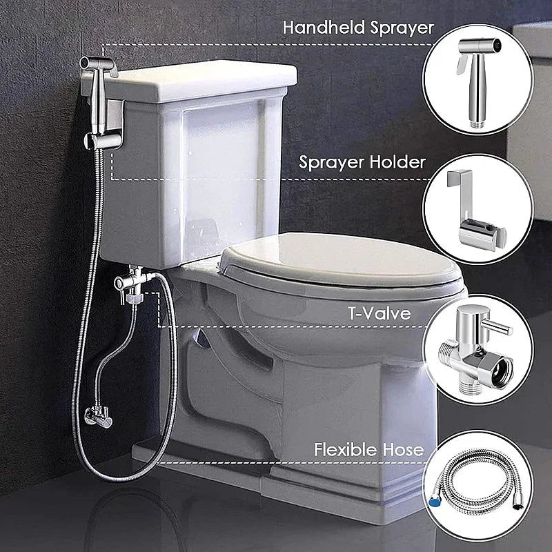 Handheld bidet sprayer made of stainless steel with a 3-way valve (G1/2" – 3/8") for toilet cleaning and personal hygiene.