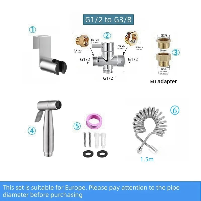Handheld bidet sprayer made of stainless steel with a 3-way valve (G1/2" – 3/8") for toilet cleaning and personal hygiene.