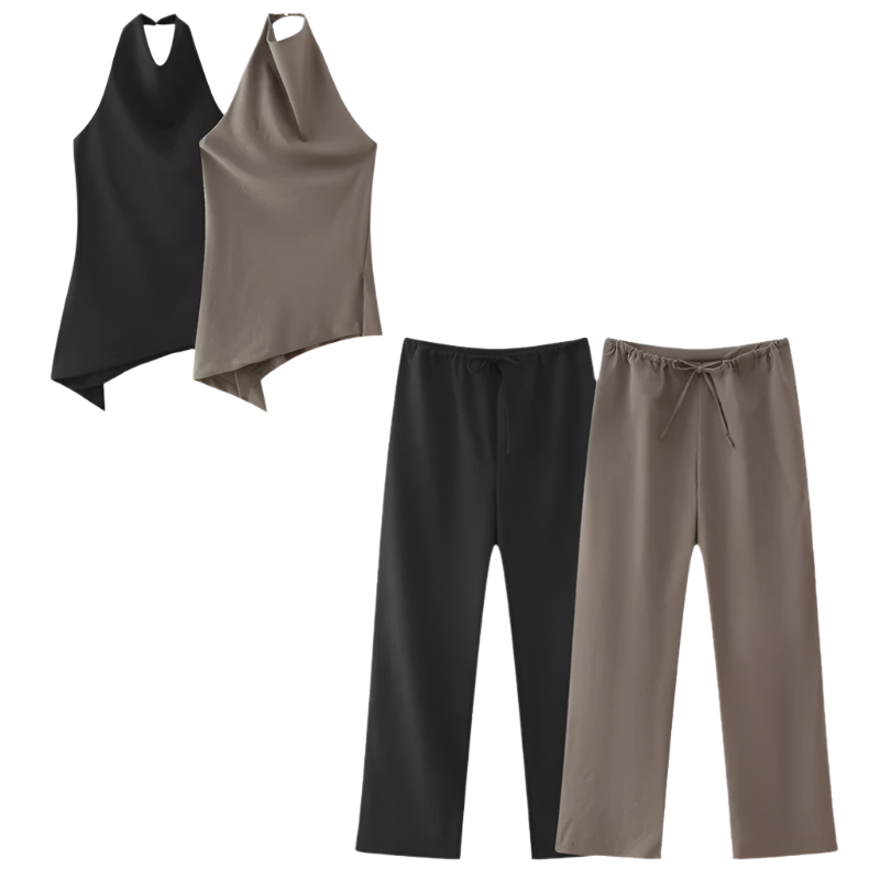 Outfit Set Satinado de Top halter asimétrico y pantalón con cordones de cintura alta