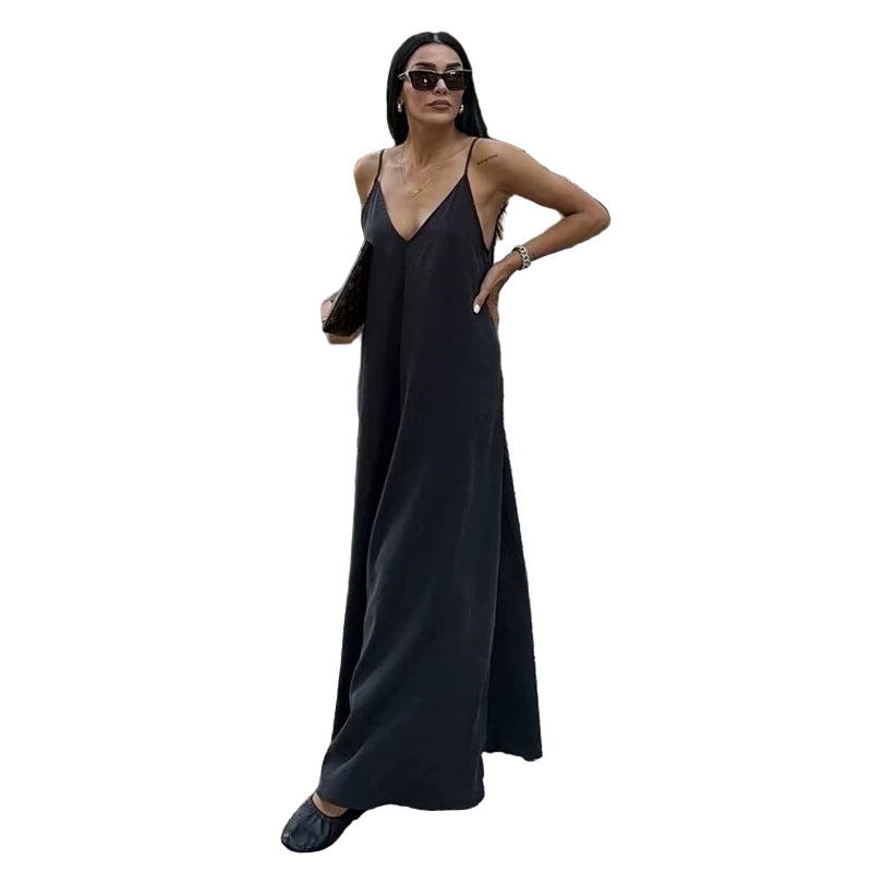 Vestido largo tipo lencero negro o rojo drapeado sin espalda