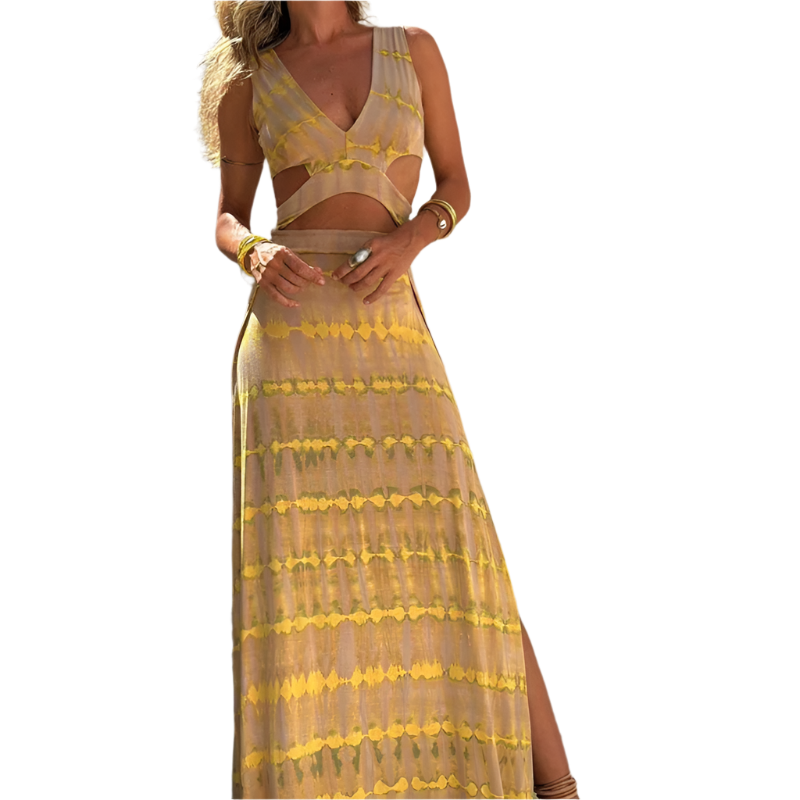 Vestido de verano con escote en V y estampado de corte entallado y abertura lateral de estilo casual