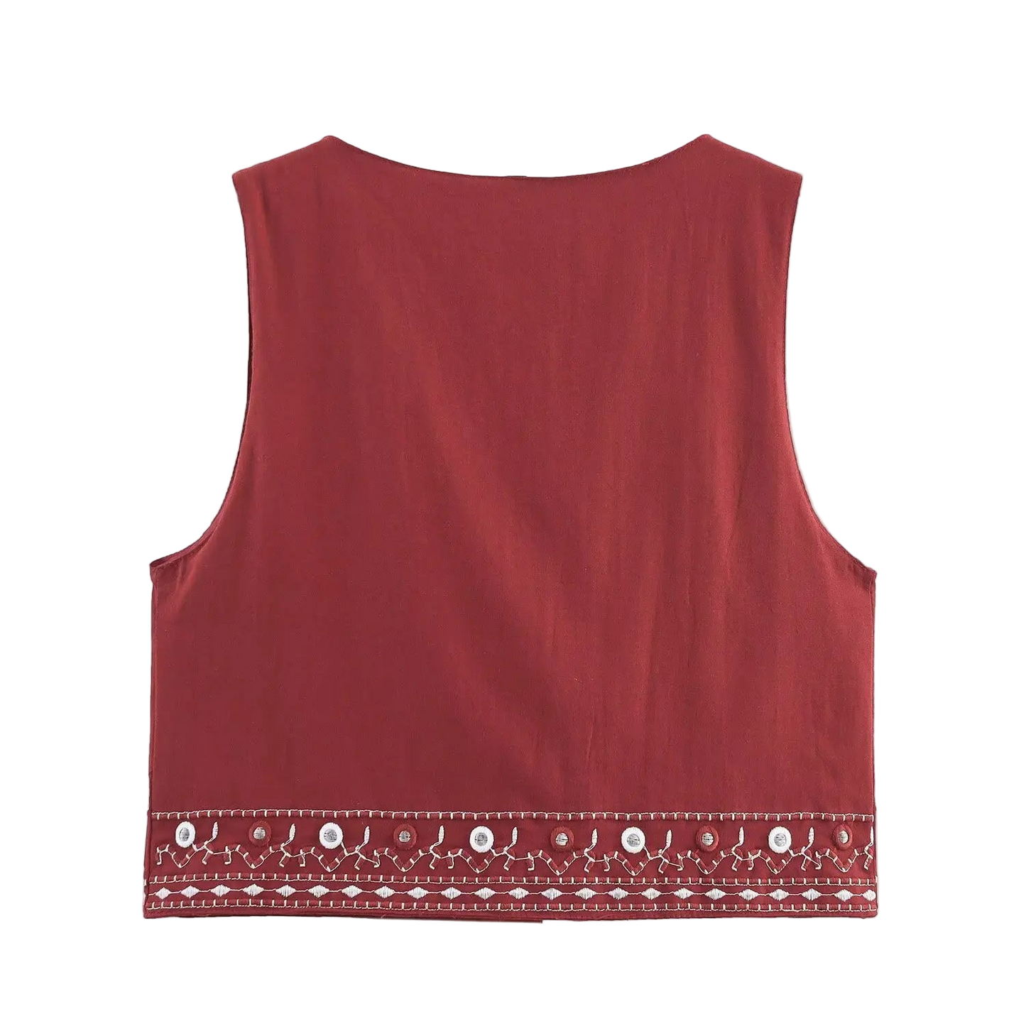Outfit Conjunto Boho Chic de Chaleco Sin Mangas Rojo Bordado y Shorts Pierna Ancha