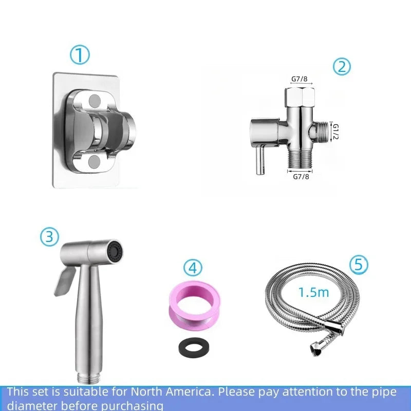 Handheld bidet sprayer made of stainless steel with a 3-way valve (G1/2" – 3/8") for toilet cleaning and personal hygiene.