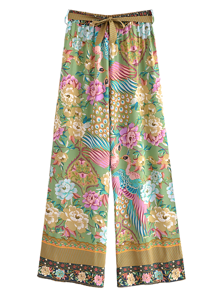 Outfit Conjunto boho chic de 2 piezas con kimono corto estampado floral y pantalón de pierna ancha