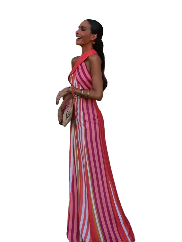 Vestido largo con estampado a rayas de escote halter sin hombros cruzado y ajustado de espalda descubierta